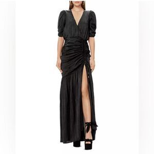 AFRM Nile Ruched Snake Jacquard Maxi Dress evening gown Black size XS SATIN